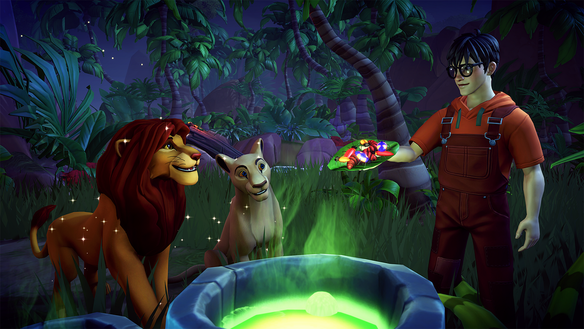 Image of man in overalls, Simba, and Nala by a witch pot in Disney Dreamlight Valley.