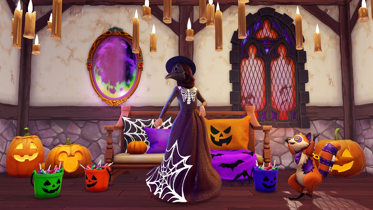 Image of woman wearing a plague doctor costume inside a Halloween-themed house in Disney Dreamlight Valley.