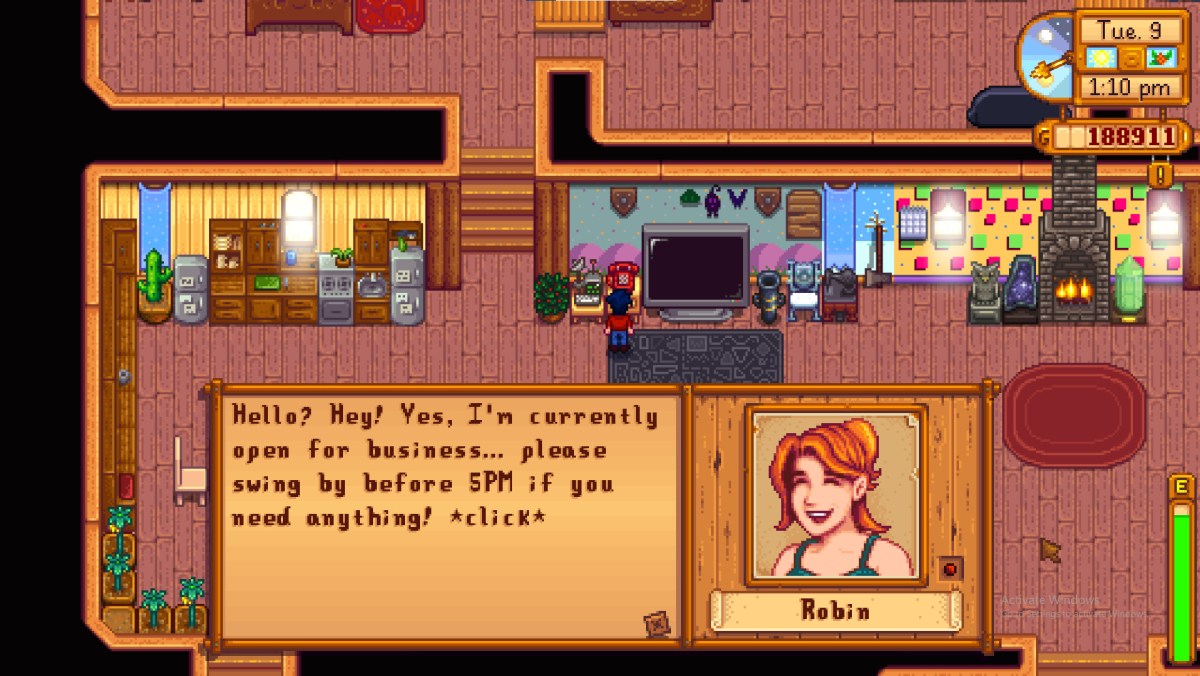 Robin lacht im Stardew Valley.