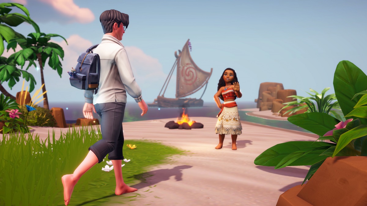 Image of character with a backpack walking toward Moana on a beach in Disney Dreamlight Valley.