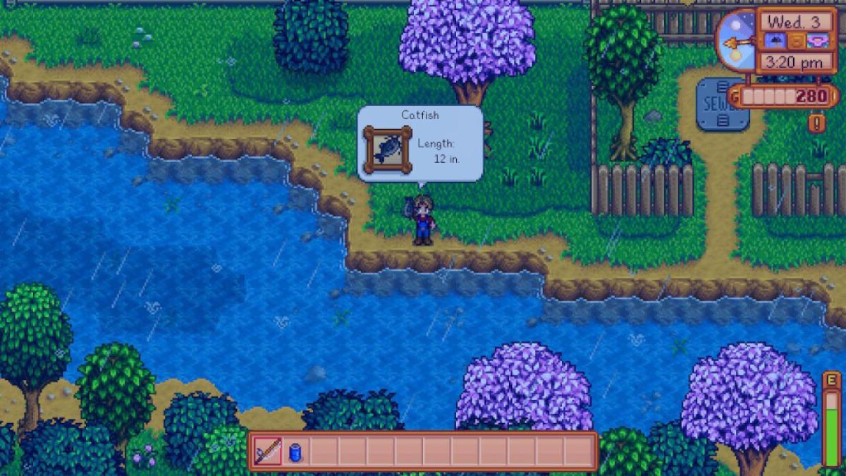 Der Spieler fängt Wels an einem Fluss im Stardew Valley.