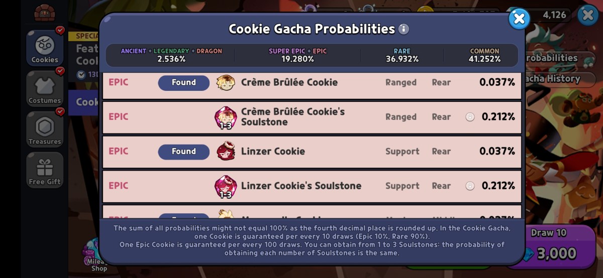 Ein Bild, das die Wahrscheinlichkeiten zeigt, Linzer Cookie in Cookie Run Kingdom zu bekommen.