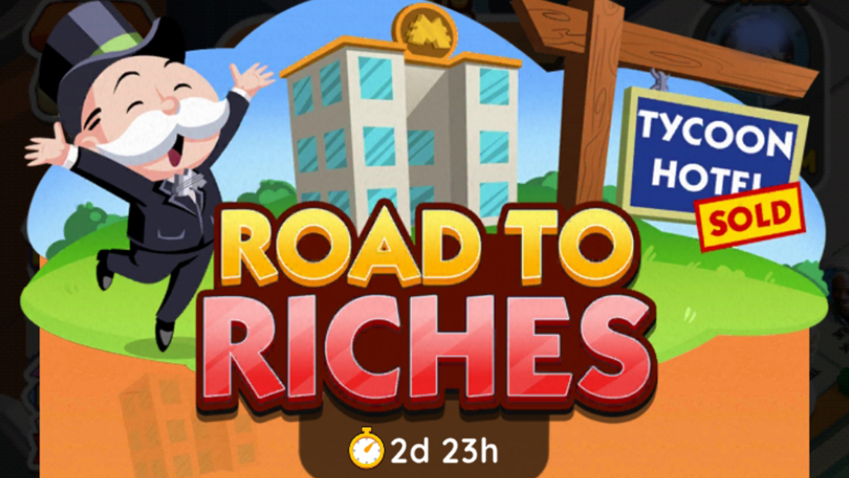 A header-sized image for the Road to Riches event in Monopoly GO showing Mr. Monopoly jumping up next to an image of a hotel.