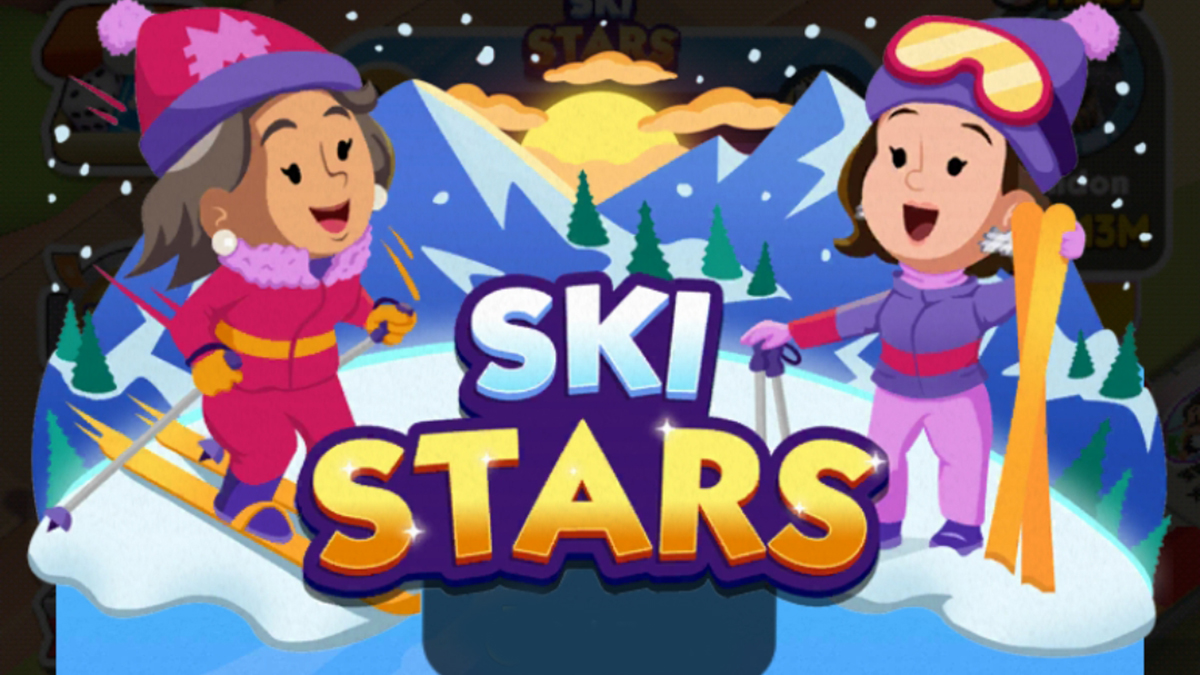 A header for the Ski Stars event in Monopoly GO showing two people with outdoor equipment standing next to the logo for the event.