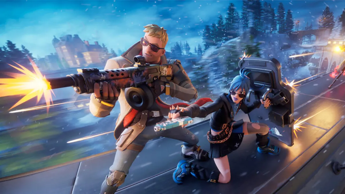 Header image for Fortnite Chapter 5 showing a man holding an assault rifle firing to the left while a woman kneels with a shield behind him. They are on top of a train going through a wintry wooded area.