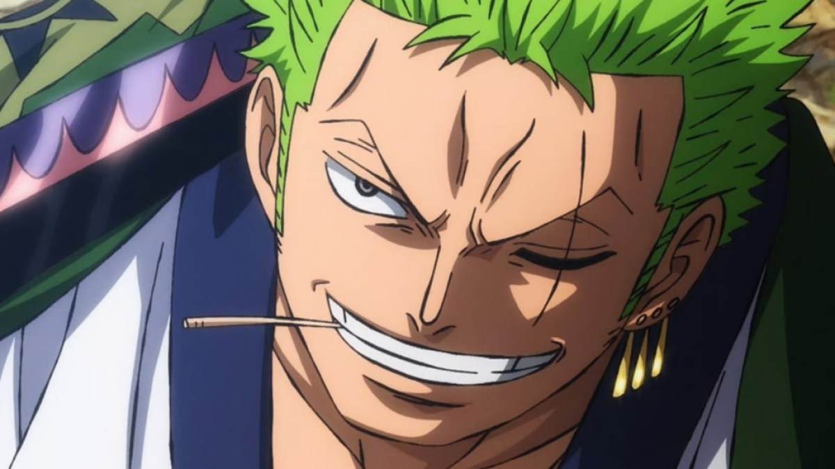 Zoro grinst mit einem Zahnstocher.  Dieses Bild ist Teil eines Artikels über alle großen englischen Synchronschauspieler und die Besetzungsliste für One Piece.