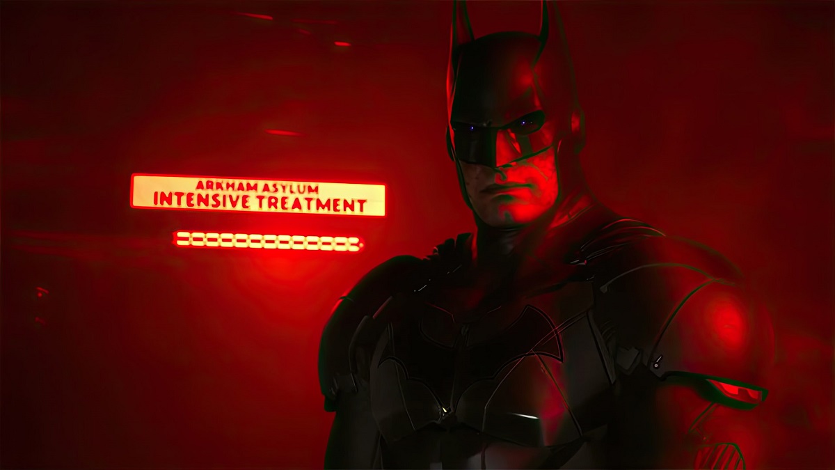 Image of Batman with purple eyes standing in a neon-red-lit room.