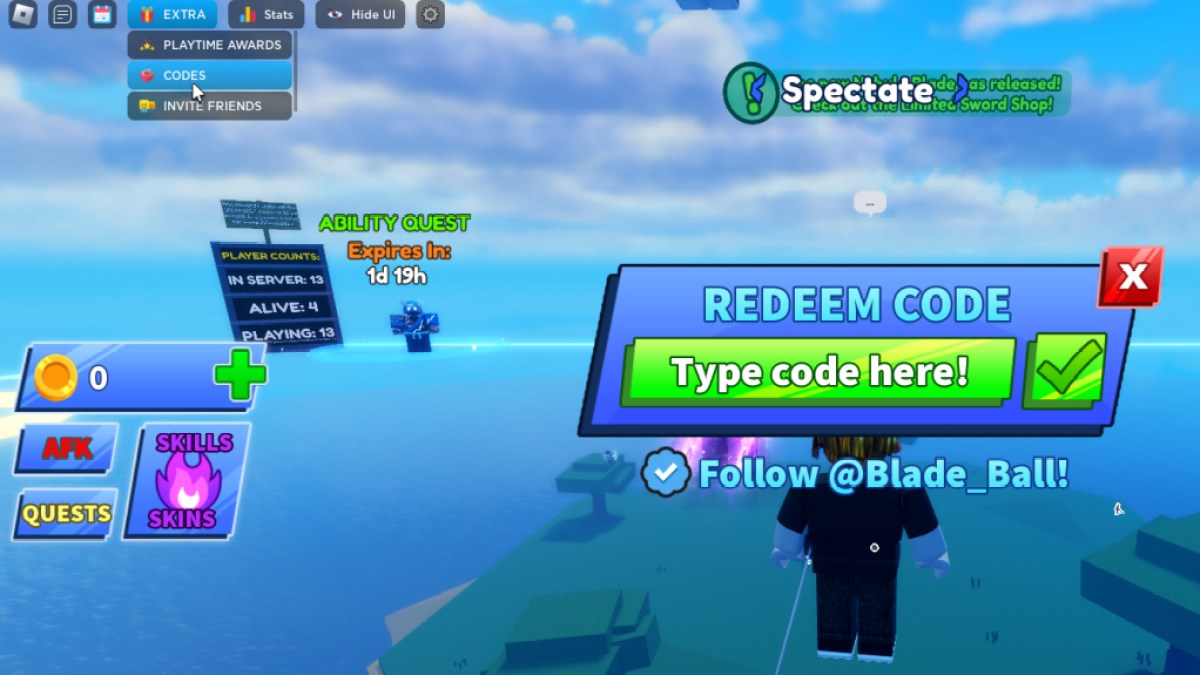 Ein Bild, das den Hauptbildschirm für Blade Ball in Roblox zwischen den Spielen zeigt.  Das Bild zeigt das geöffnete Menü zum Einlösen des Codes und der Artikel ist Teil einer Liste aller Codes für Blade Ball in Roblox.