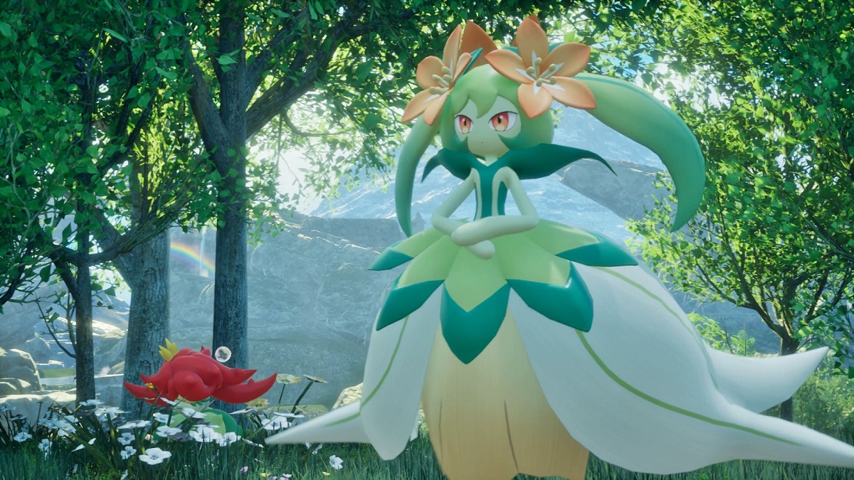 Image of green and flowery Pokemon-like creature standing in a forest in Palworld.