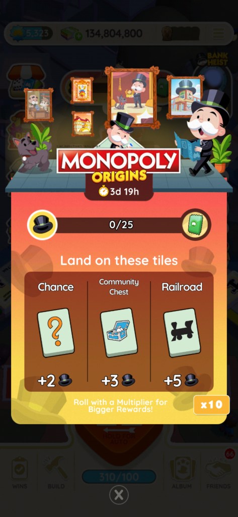 Ein Header für das Monopoly Origins-Event in Monopoly GO, der Mr. Monopoly neben einigen Gemälden und dem Logo des Events zeigt.  Das Bild ist Teil eines Artikels über alle Belohnungen und Meilensteine, die Teil des Monopoly Origins-Events in Monopoly GO sind.