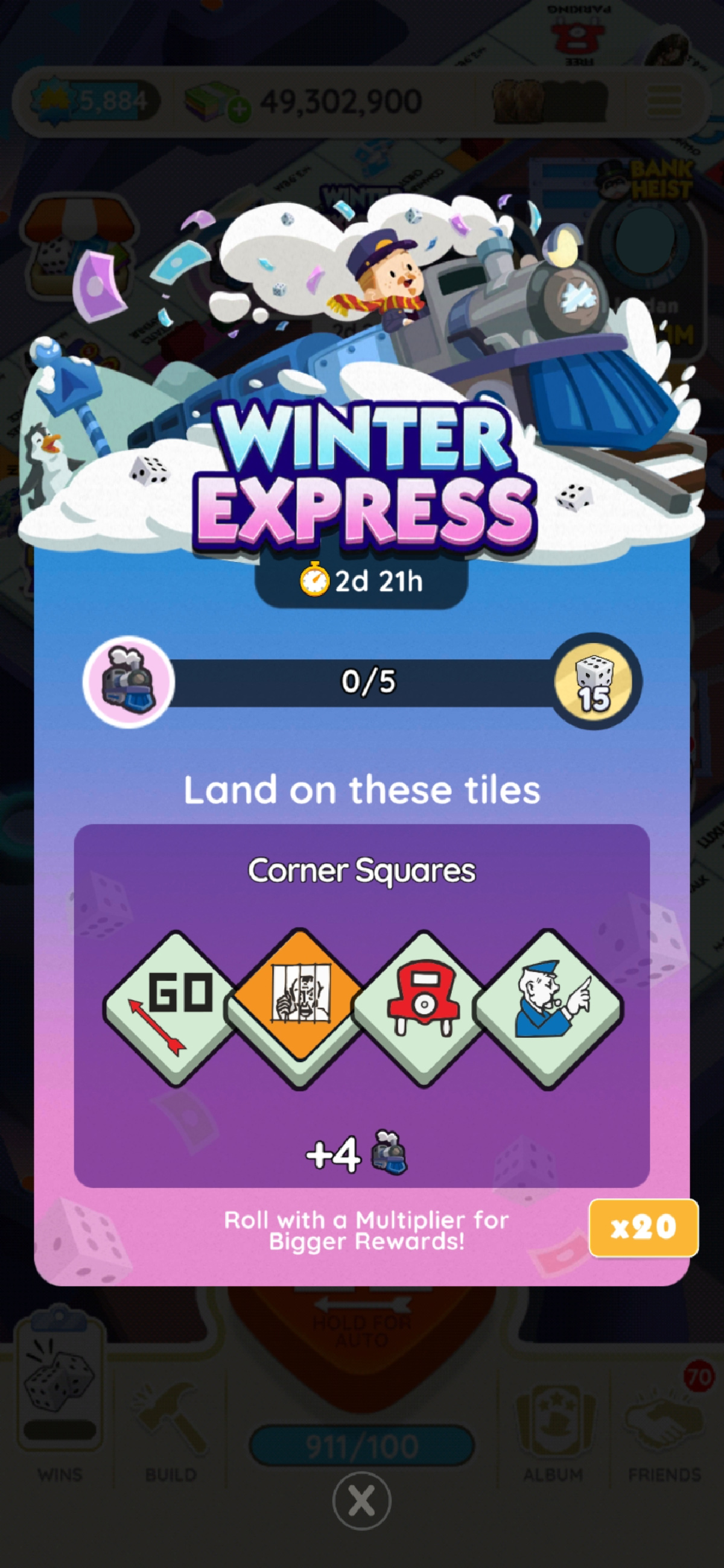 Ein Bild für das Winter-Express-Event in Monopoly GO, das einen Mann zeigt, der in einem Zug fährt, aus dem Bargeld herausfliegt. Es ist Teil eines Artikels über alle Belohnungen und Meilensteine ​​des Events.