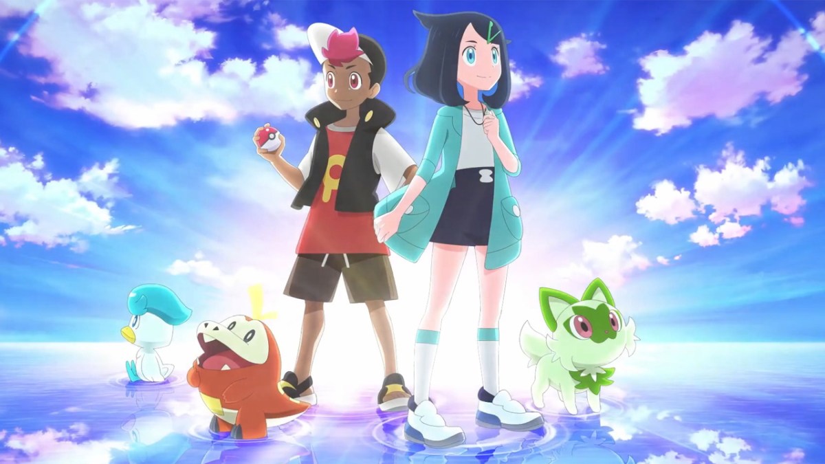 Die Stars von Pokémon Horizons mit einigen Pokémon.