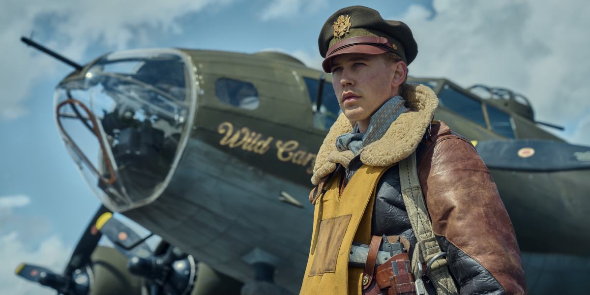 Austin Butler als Gale Cleven in Masters of the Air.  Dieses Bild ist Teil eines Artikels über alle Hauptdarsteller und die Besetzungsliste von Masters of the Air.