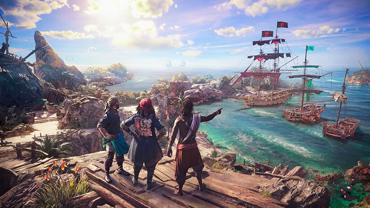 Three pirates, pointing at a ship in the harbour.