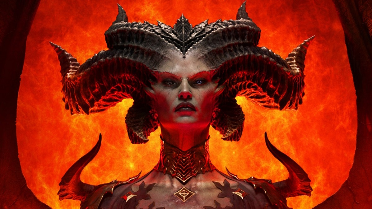 Image of demonic-looking lady with horns in her head standing in front of hellfire.