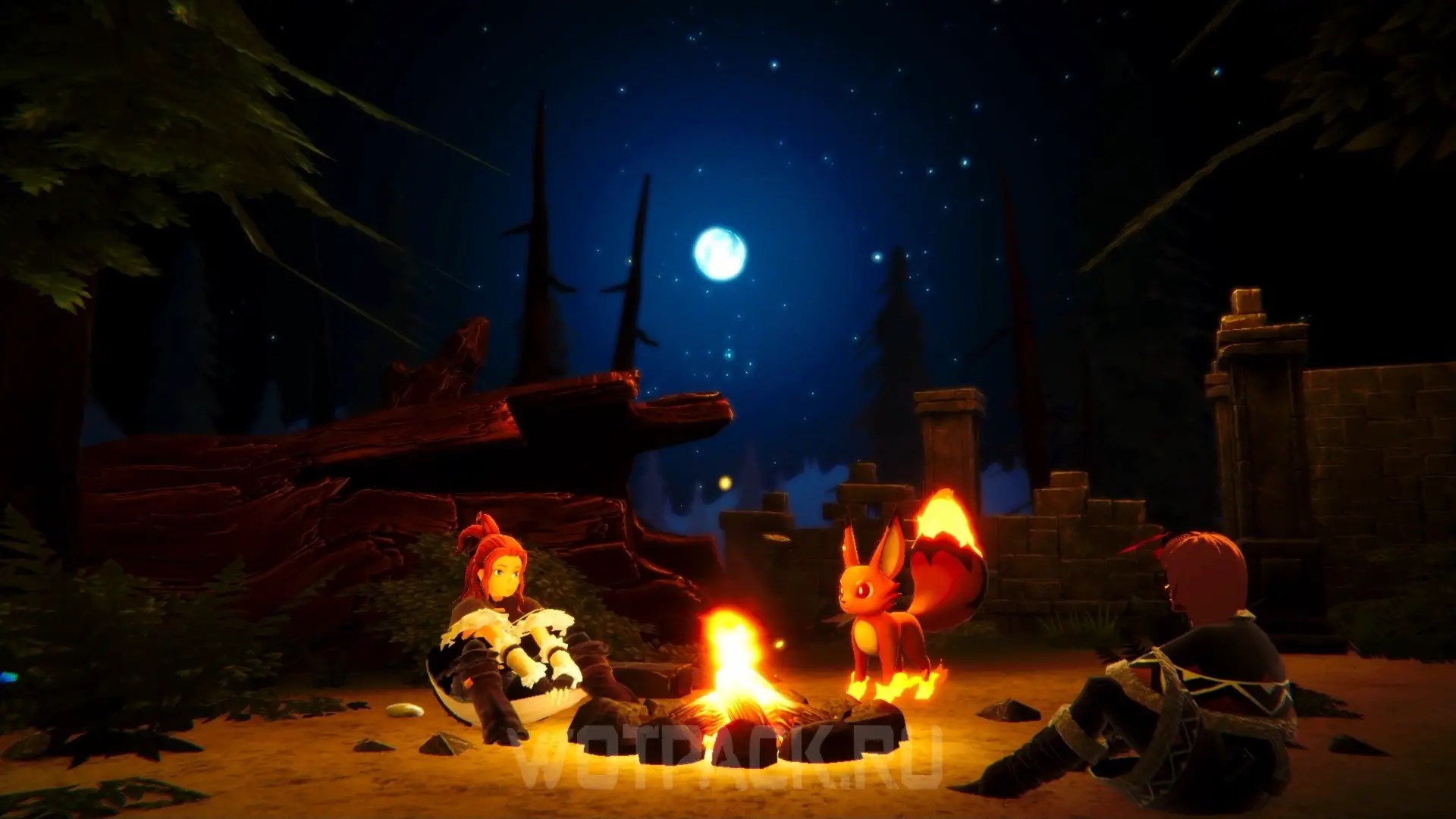 A group of players sitting around a campfire in Palworld. This image is part of an article about how and where to catch Digtoise in Palworld.