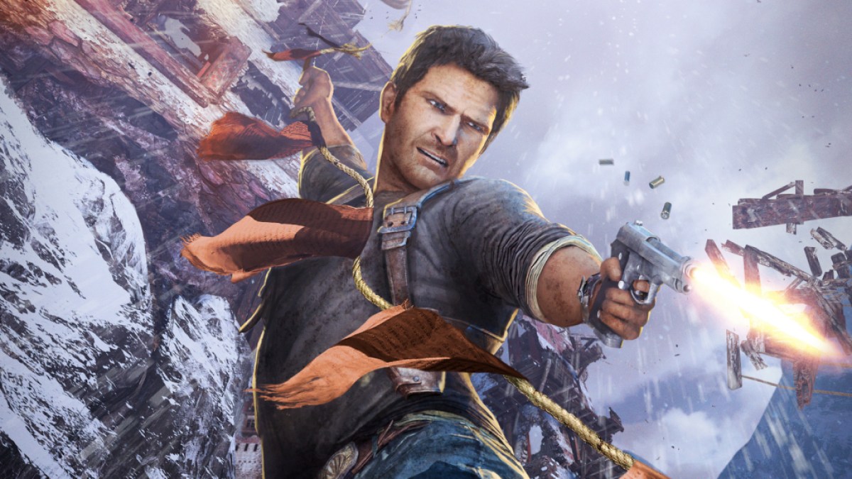 Nathan Drake feuert seine Waffe im Uncharted-Promo-Artwork ab