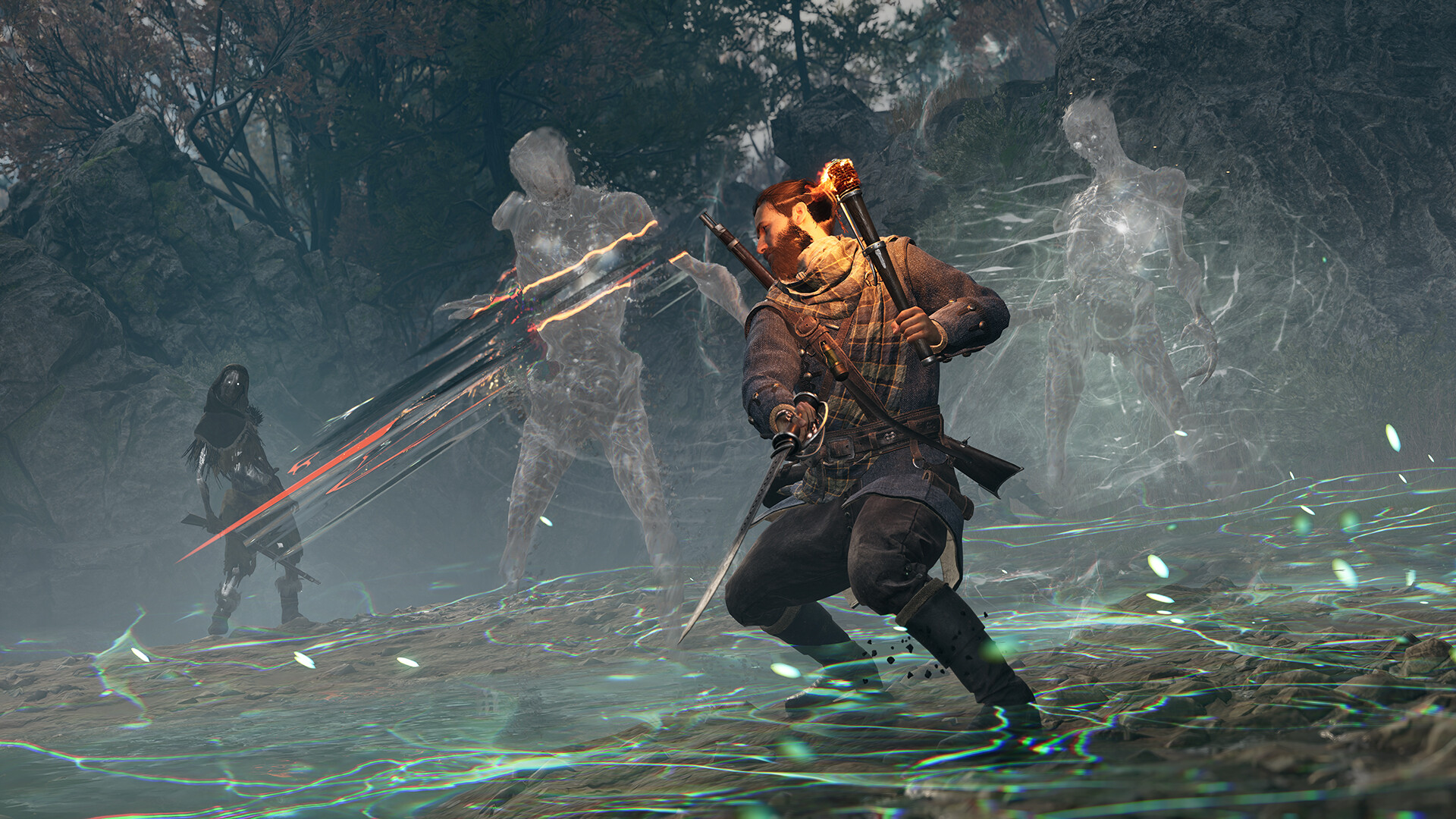 A bearded man taking on several ghosts in a forest clearing.