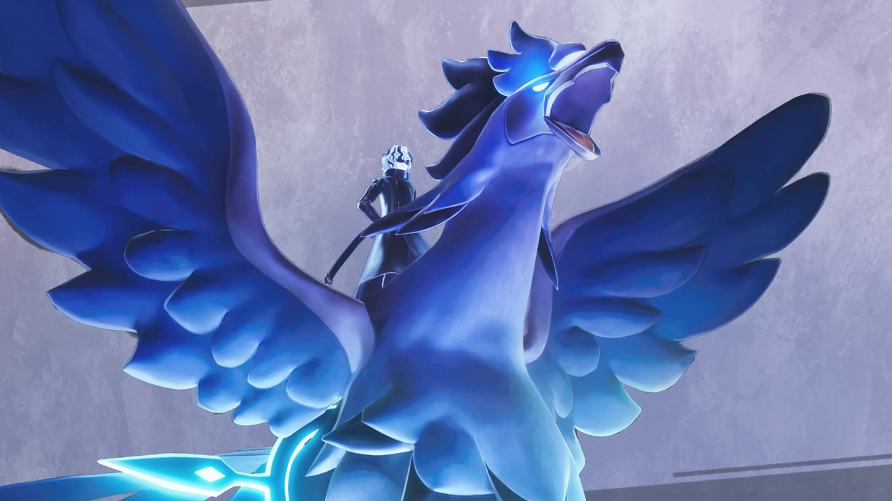 A grey-haired, anime-style character sitting on top of a huge blue bird in Palworld.