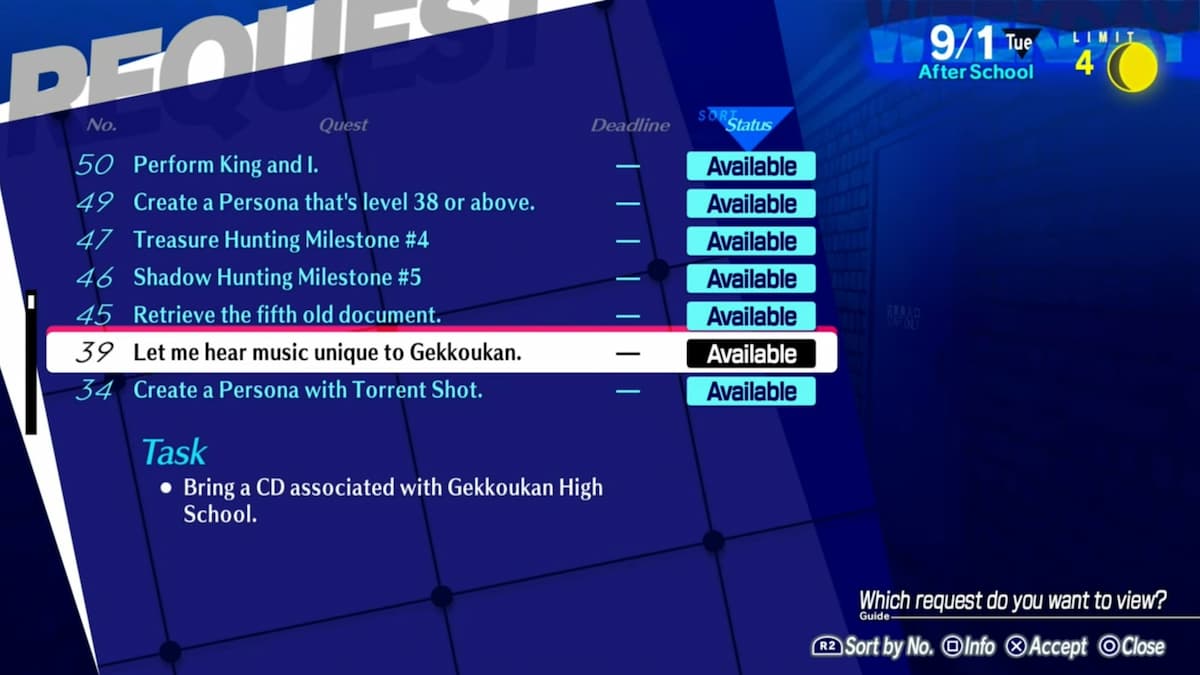 So vervollständigen Sie Anfrage 39 in Persona 3 Reload: Einzigartige Musik für Gekkoukan