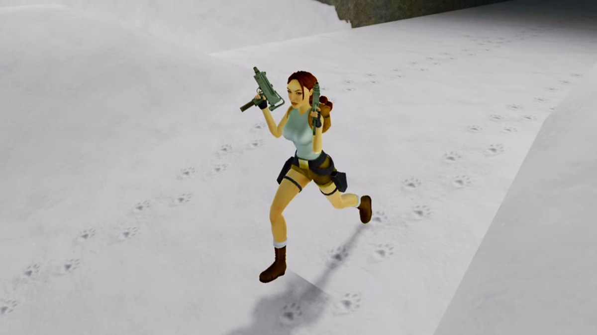 Lara Croft in Tomb Raider I-III Remastered, mit einem Paar Uzi-Waffen. 