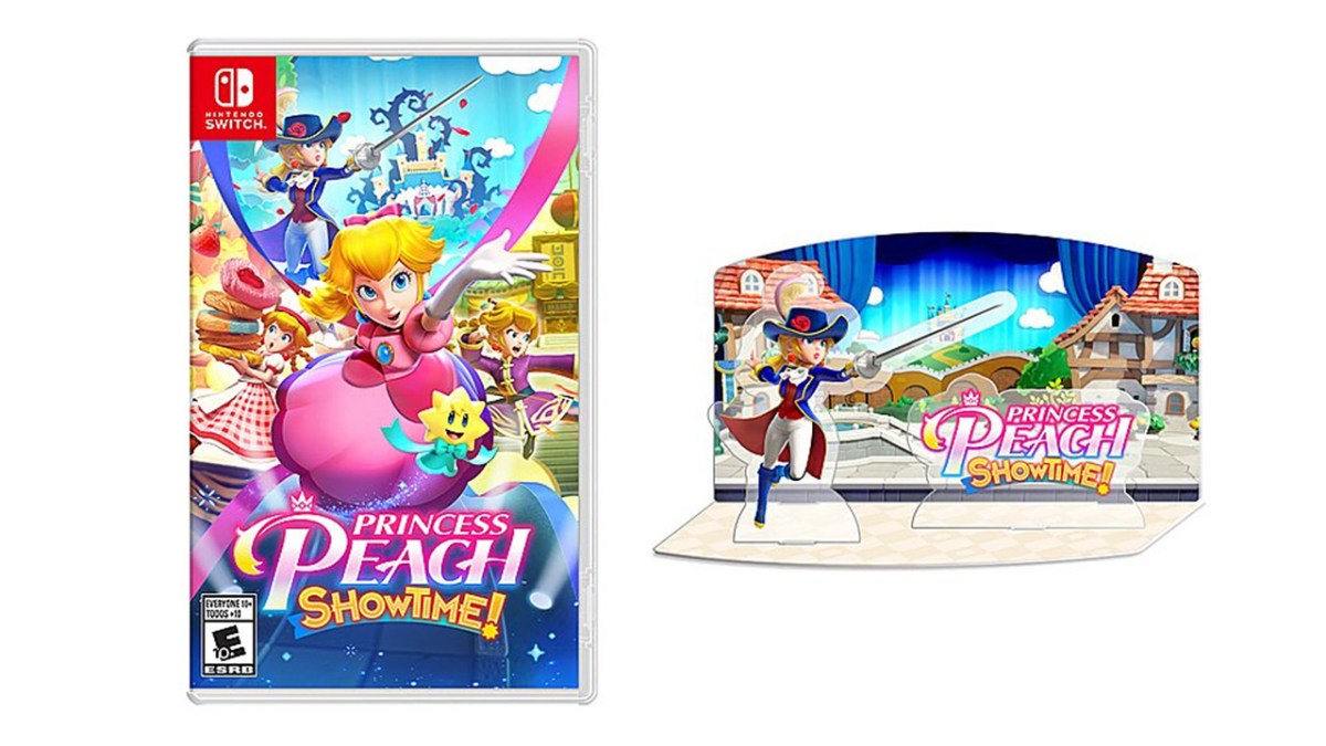 Eine Kopie von Princess Peach: Showtime mit einem Acrylständer daneben. 