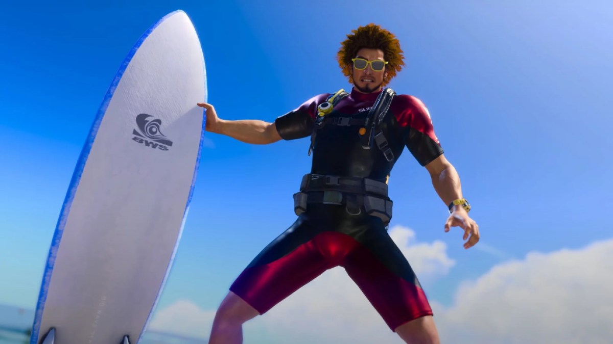 Ichiban Kasuga mit einem Surfbrett.  Dieses Bild ist Teil eines Artikels darüber, welchen Sujimon-Starter Sie in Like a Dragon: Infinite Wealth wählen sollten.