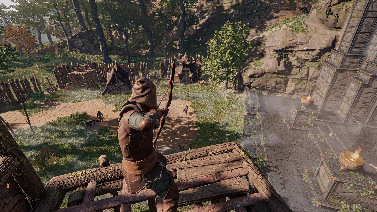 Image of archer in leather armor standing atop a tower shooting down at enemies in Enshrouded.