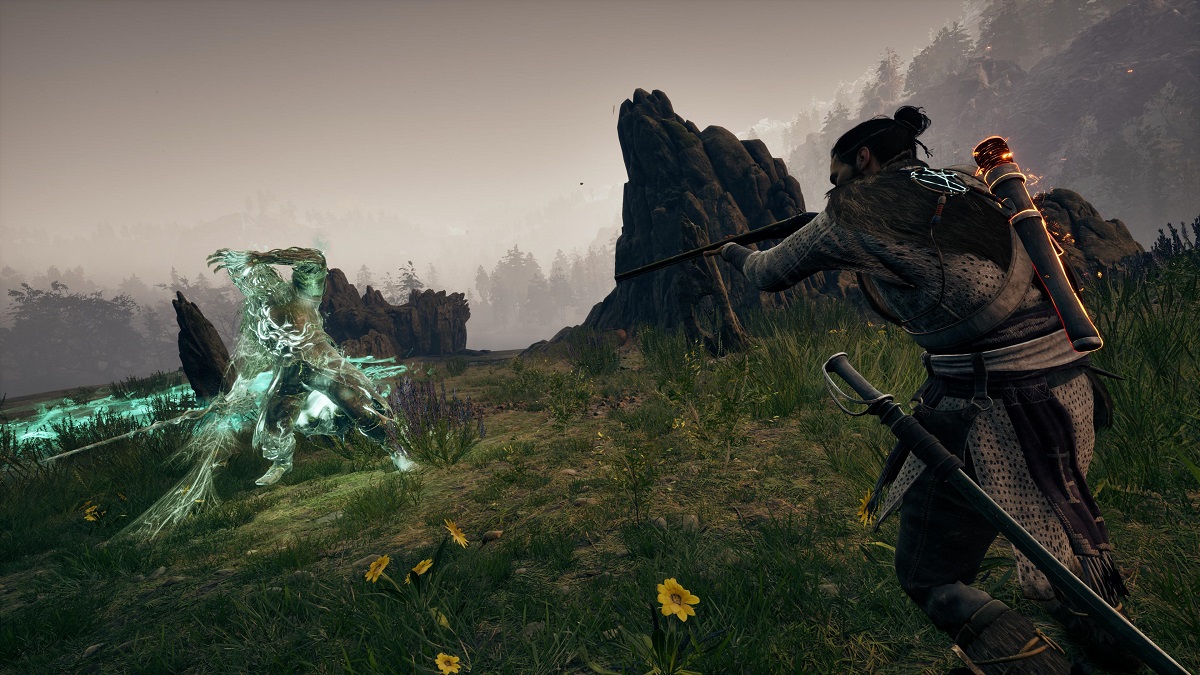 Image of a bearded man using an old rifle to shoot a green ghost in Banishers: Ghosts of New Eden.