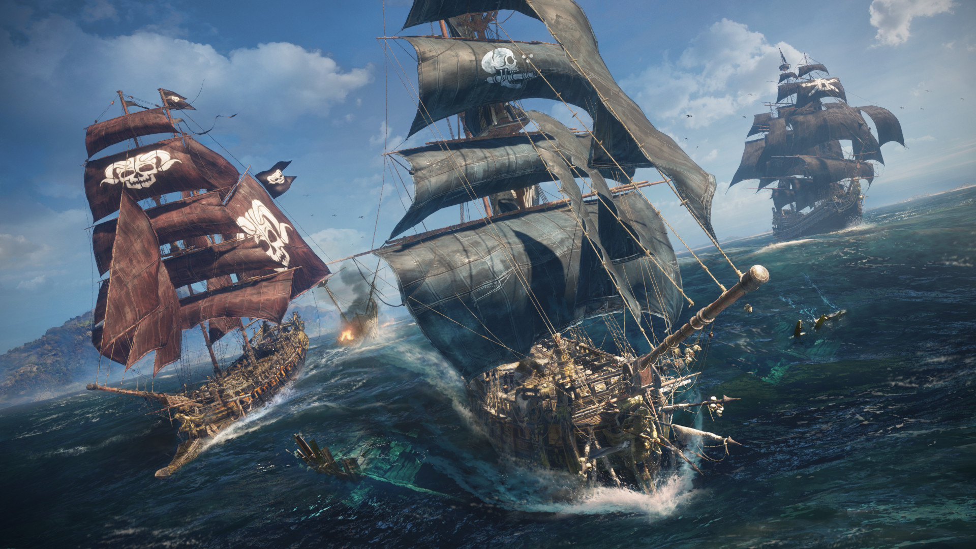 several ships battling at sea in skull and bones